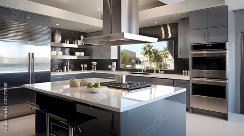 Contemporary kitchen with sleek cabinets  stainless steel appliances  and a monochromatic color scheme