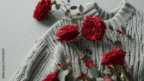 natural wool knitted grey sweater with red roses isolated on grey background