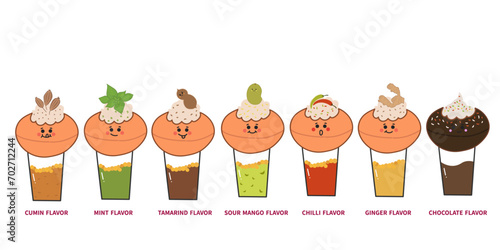panipuri flavors, Gol Gappa platter,Phuchka of different flavors, vector isolated cartoon 