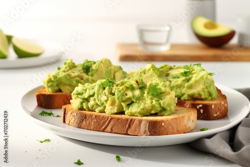 Toasts bread with guacamole on plate on table