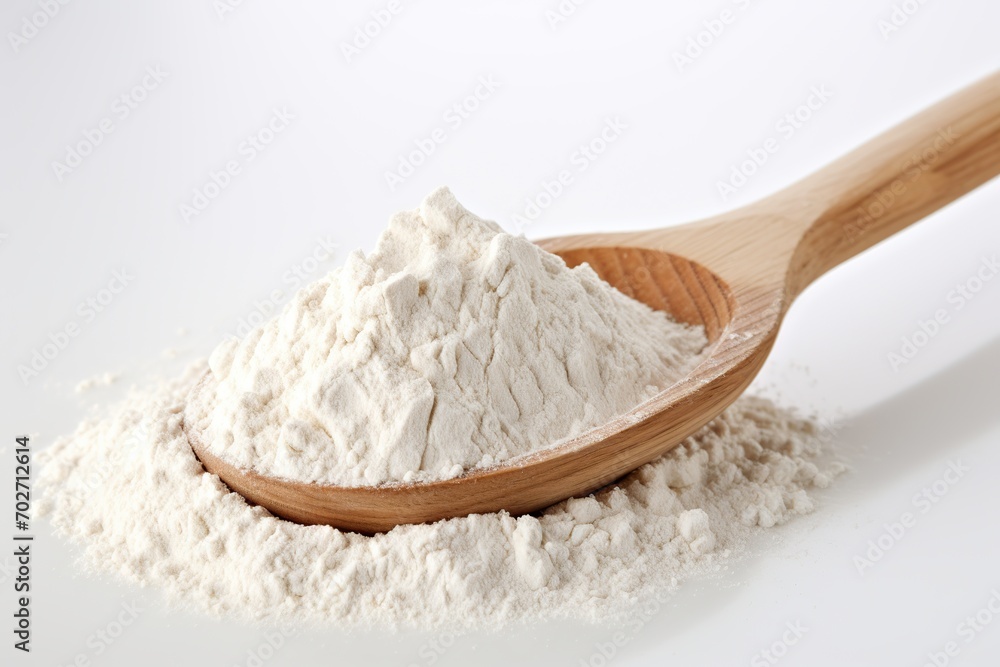 Flour in wooden spoon on white background Flour in wooden spoon on white background