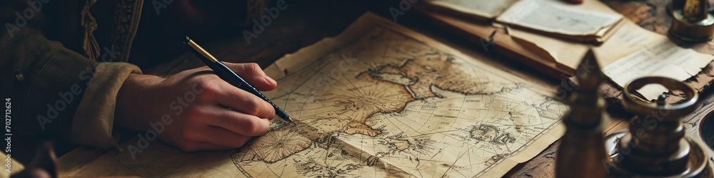 Obraz premium Wide banner image of man holding pen and making notes on ancient map