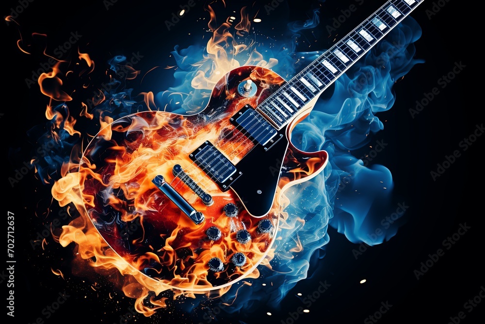 Old vintage guitar in flames and smoke against black background