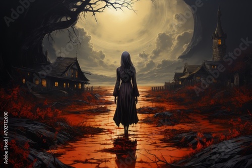 Painting with rear view of woman that is standing in spooky place outdoors photo