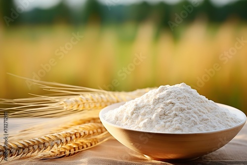 Flour in wooden bowl with wheat ears on field background