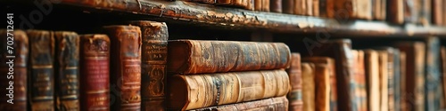 Old books covers in the library. Selective focus. Close-up.