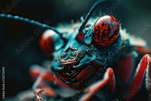 Macro shot of the head of an insect with big red eyes on a dark background