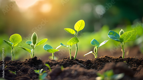 soybean growth in farm with green leaf background. agriculture plant seeding growing step concept photo