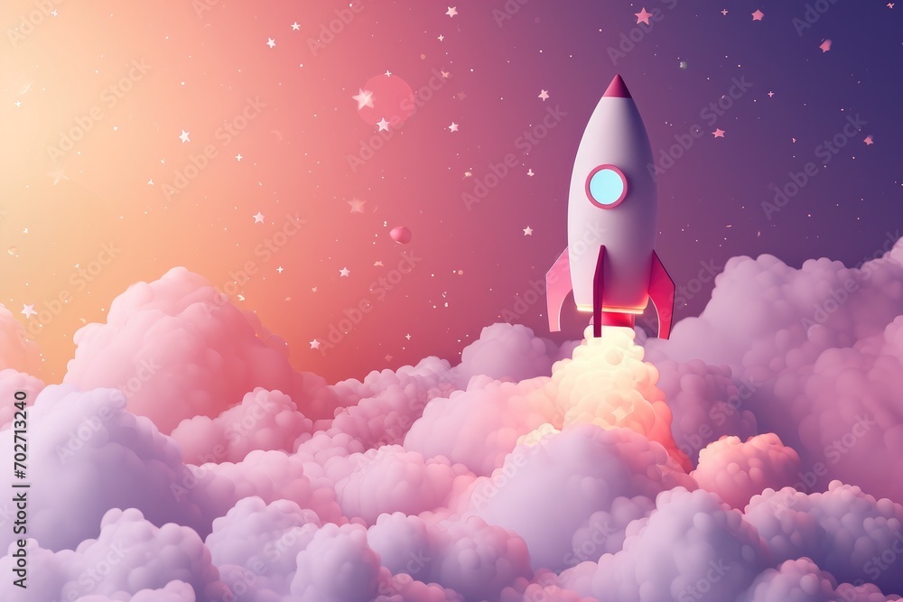 Fototapeta premium Amidst a sea of billowing clouds, a sleek rocket pierces through the sky, propelling towards the unknown depths of space, a symbol of mankind's insatiable thirst for adventure and progress