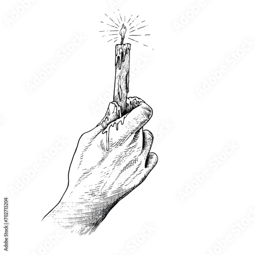 The Hand Holding the Candle And The Candle Falls Engraving Pen and Ink Vintage Vector illustration