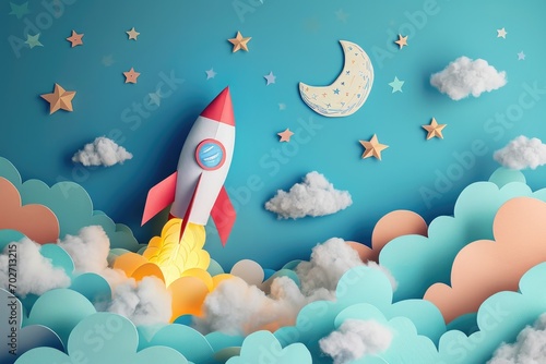Whimsical cartoon rocket soars through a vibrant sky, igniting imagination and dreams of adventure photo