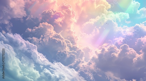  The sky and clouds shimmer in rainbow colors  depicted in a beautiful landscape with a fantastical style reminiscent of pastel dreams.