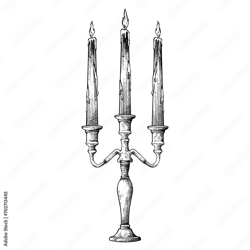 Three Standing Candles With Burning Flames Engraving Pen and Ink Vintage Vector illustration