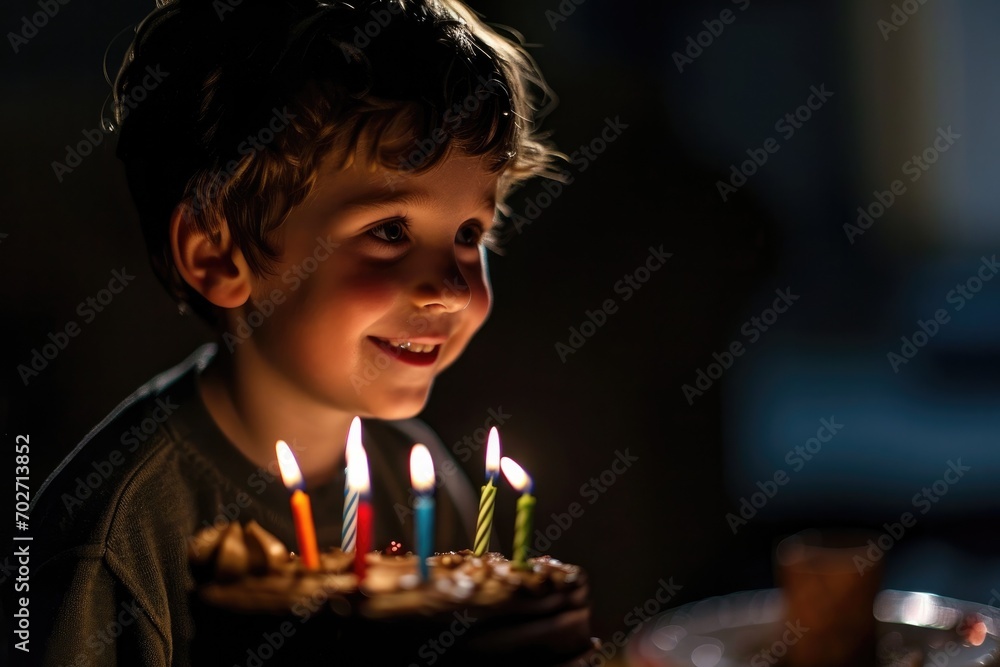 A curious young boy gazes in awe at the flickering candles atop a beautifully decorated birthday cake, his face illuminated by the warm glow of the wax A curious young boy gazes in awe at the flickering candles atop a beautifully decorated birthday cake, his face illuminated by the warm glow of the wax
