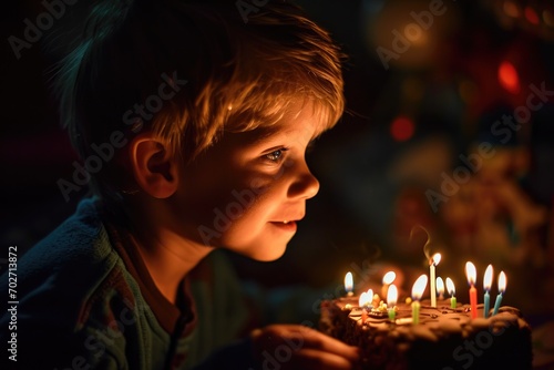 A young boy's face lights up with joy as he blows out the candles on his delicious birthday cake, surrounded by the warm glow of flickering wax