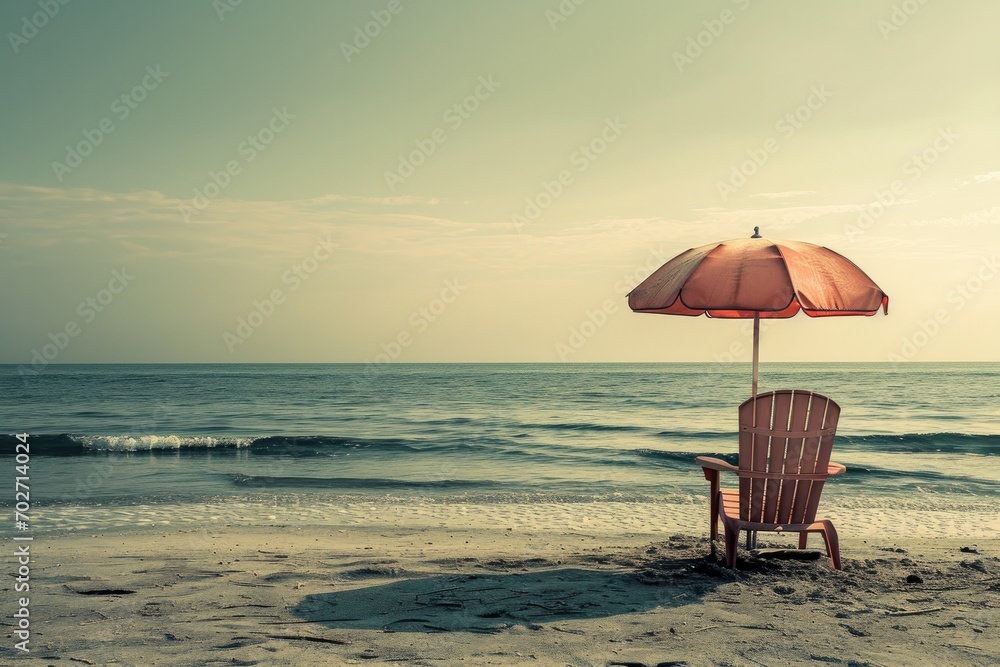 A solitary chair and umbrella stand on the golden sands, as the endless ocean stretches out to meet the clear blue sky