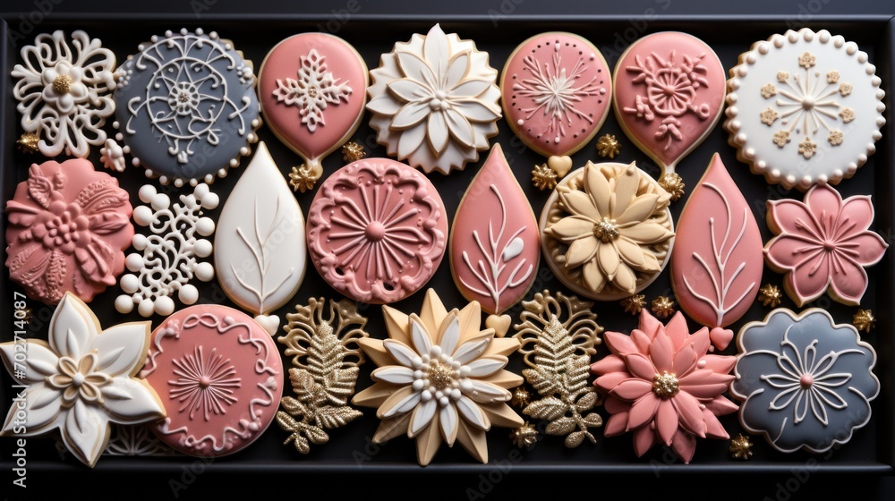 Delicious stylish Christmas cookies with festive glazed decoration in the gift box. Generative AI Delicious stylish Christmas cookies with festive glazed decoration in the gift box. Generative AI