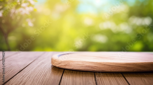 an empty wooden countertop with a wooden plate in front of a spring garden with cherry blossoms is a place to demonstrate the product layout photo