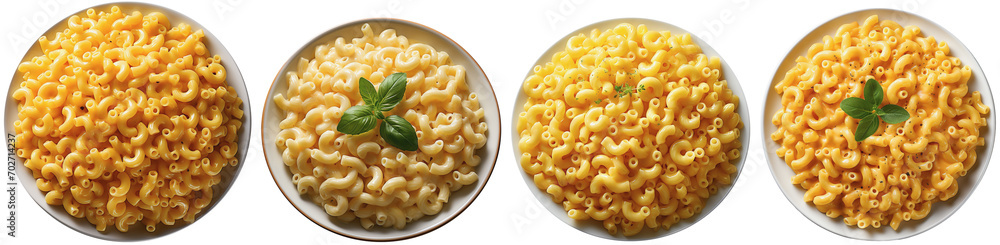 top view of four plates with macaroni and cheese top view of four plates with macaroni and cheese
