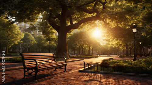 Tranquil City Park Scene with Inviting Benches and Majestic Tall Trees