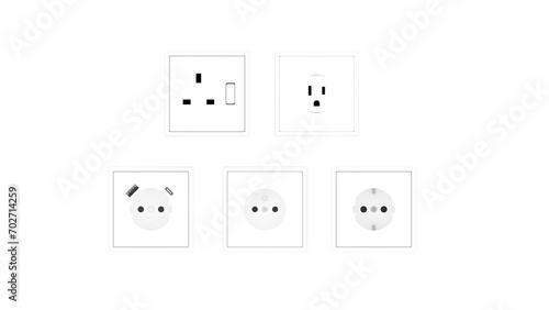 Fototapeta Naklejka Na Ścianę i Meble -  Modern electrical wall outlet isolated, realistic 3d electrical toggle switch. Electric light switch control isolated on white plastic panel. Energy control for modern home interior, 3D rendering
