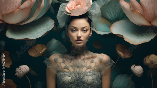 Sinnliches Portrait einer Frau mit Lotusblumen. Dezent asiatischer Stil. Gedeckte Pastellfarben. Fotorealistische Illustration photo