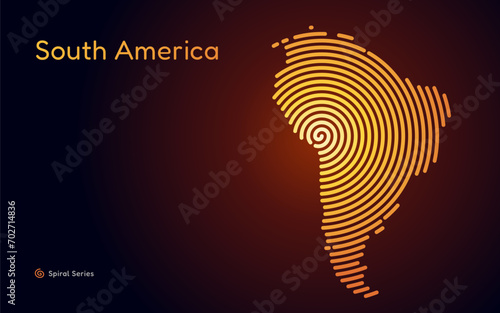 Creative Gold circle map of South America. Political map. Spiral fingerprint series