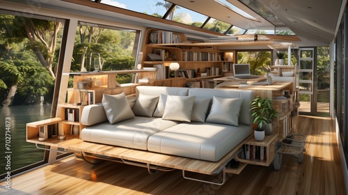 futuristic houseboat interior living room with large windows photo