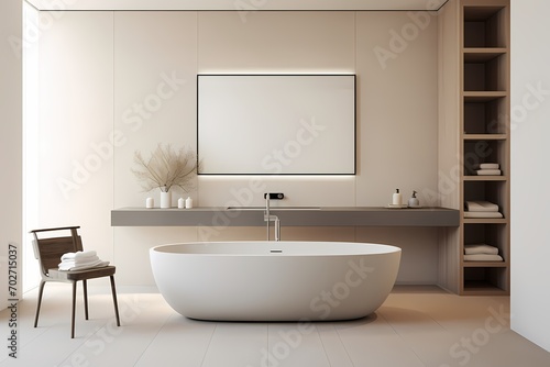 Contemporary modern classic minimalist bathroom with a freestanding bathtub  sleek fixtures  and a neutral color palette