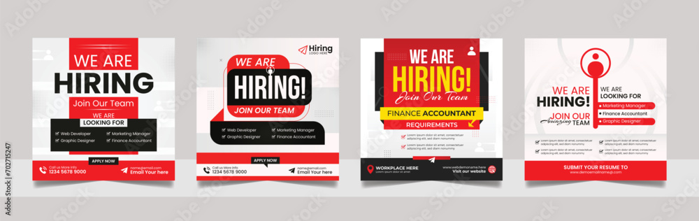 We are hiring job vacancy social media post template set. vacant recruitment marketing web banner square flyer design. - obrazy, fototapety, plakaty 