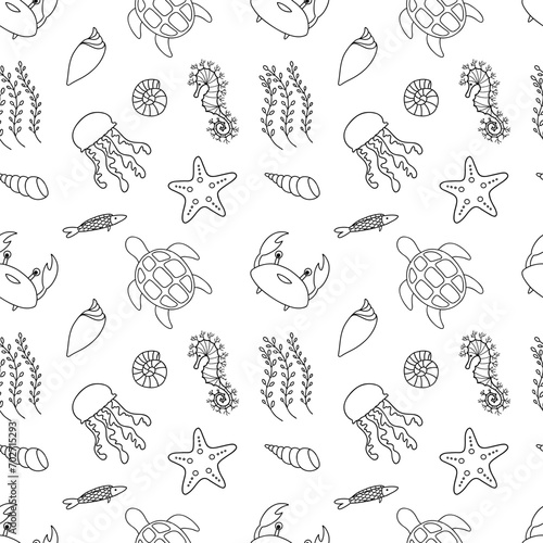 Cartoon sea animals on the seamless pattern. Crab, shells, turtle, sea horse, seaweed, fish, jelly fish, sea star. Underwater wildlife creatures. Vector illustration.