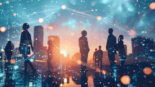 An illustration featuring a cityscape in the background, with business people icons connected by a network of glowing dots, representing global connections © lublubachka