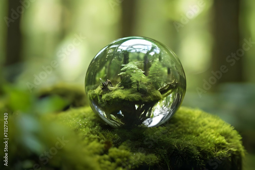 Crystal ball on moss in green forest - environment concept Ecology and Sustainable Environment of the World