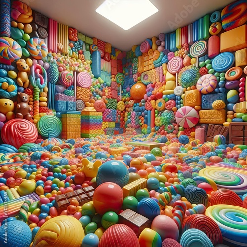 A room full of candies gums and chocolates fantasy candyland dream world of candies on wall and floor in big pool flood of dopamine concept kids book cover art poster colorful temptations delicious photo