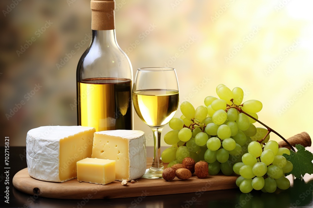 Bottle and glass of white wine with grapes and cheese on wooden background