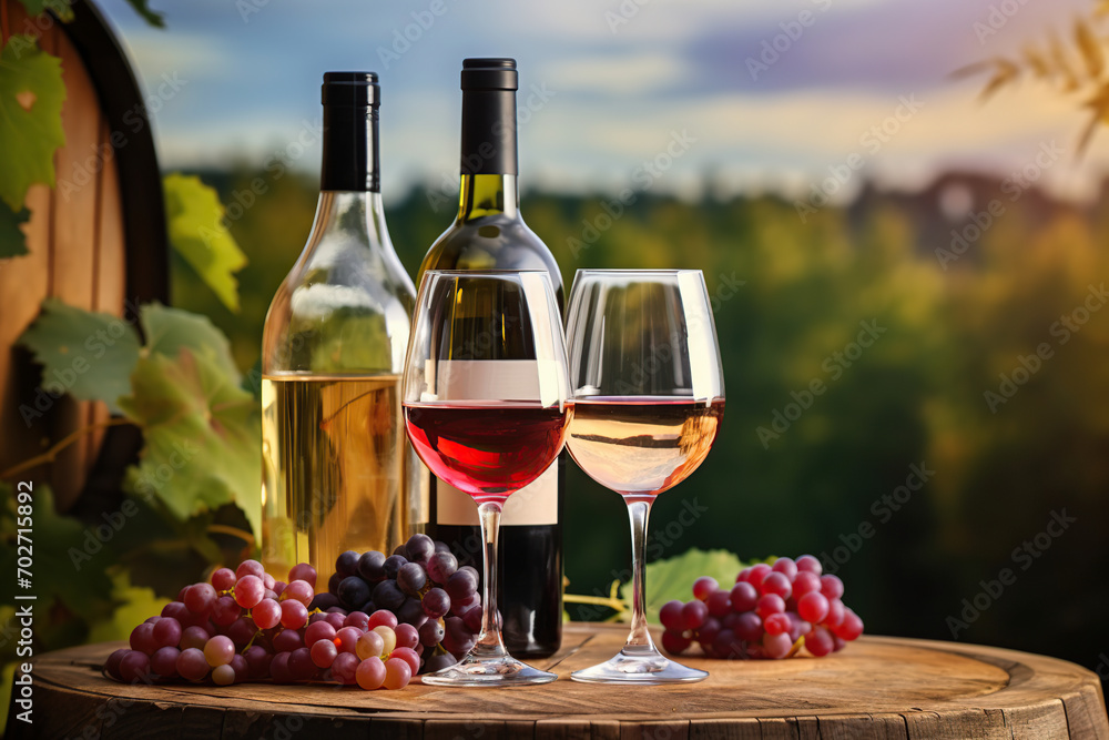 Bottles and glasses of red and white wine with ripe grapes on vineyard background