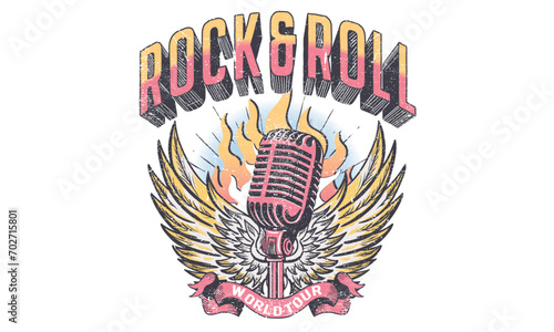 Eagle wing and fire design. Microphone music poster design. Rock and roll vintage print design. Guitar vector artwork for apparel, stickers, posters, background and others. Rock star vintage artwork. 