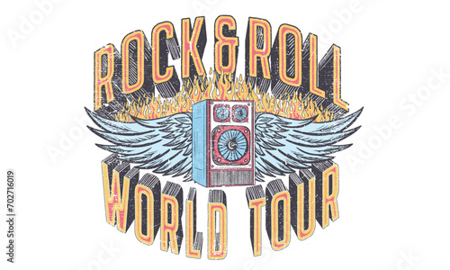 Rock and roll vintage print design. Guitar vector artwork for apparel, stickers, posters, background and others. Rock world tour artwork. Speaker box and Microphone music poster design. 