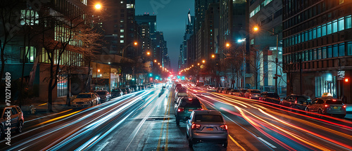 Experience the pulse of city life through a mesmerizing time lapse showcasing the dynamic flow of urban traffic under the dazzling city lights. Ai generated © dragomirescu