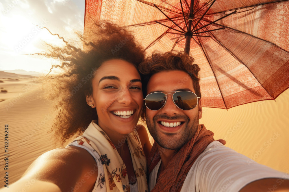 couple in desert having selfie with umbrella photo world premium image - obrazy, fototapety, plakaty 