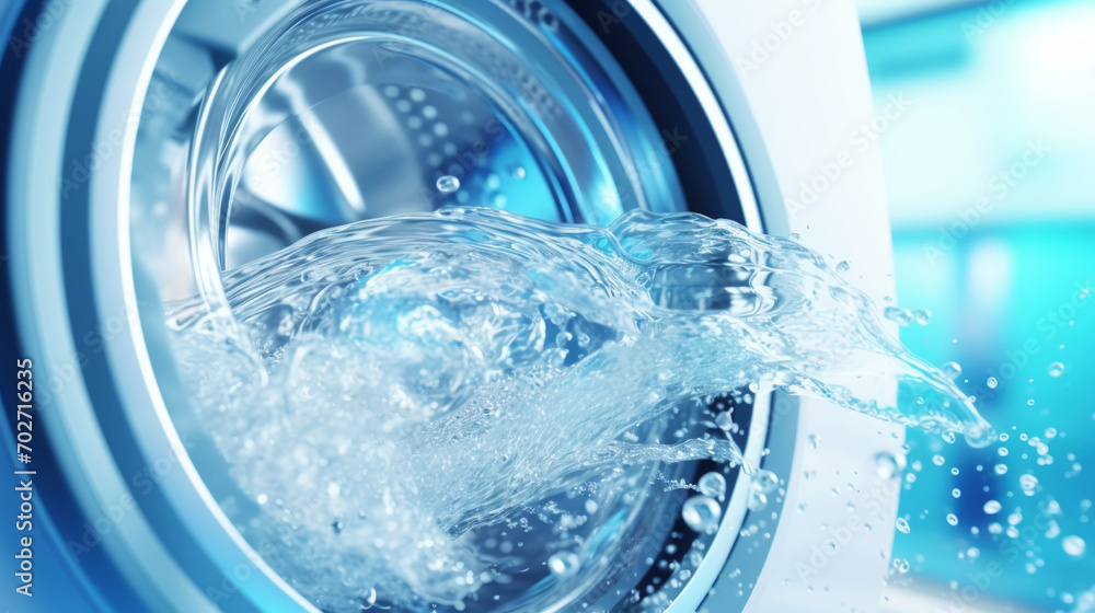 Washing machine drum with water, closeup. Water splash with neon light. Generative AI Washing machine drum with water, closeup. Water splash with neon light. Generative AI