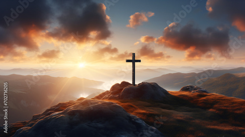 Creative religion concept. Cross at top of hill mountain