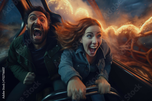Couple riding a rollercoaster and having fun.