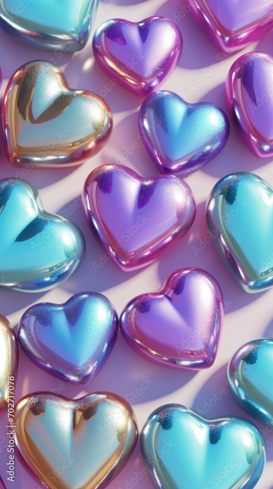 An array of glossy, pastel-colored heart-shaped balloons lying on a reflective surface, radiating love An array of glossy, pastel-colored heart-shaped balloons lying on a reflective surface, radiating love