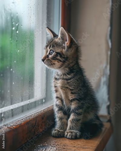 kitten siting on the windowsill in old house and looking through the window on a rainy day. 