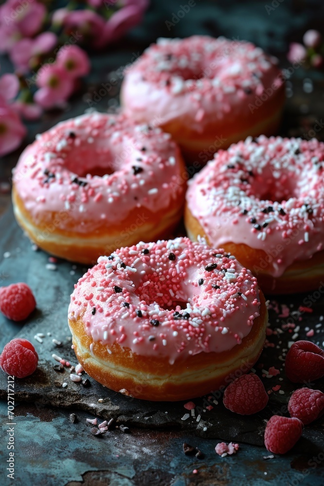 Tasty pink glazed donuts topped with white sprinkles presented on a textured dark background Tasty pink glazed donuts topped with white sprinkles presented on a textured dark background
