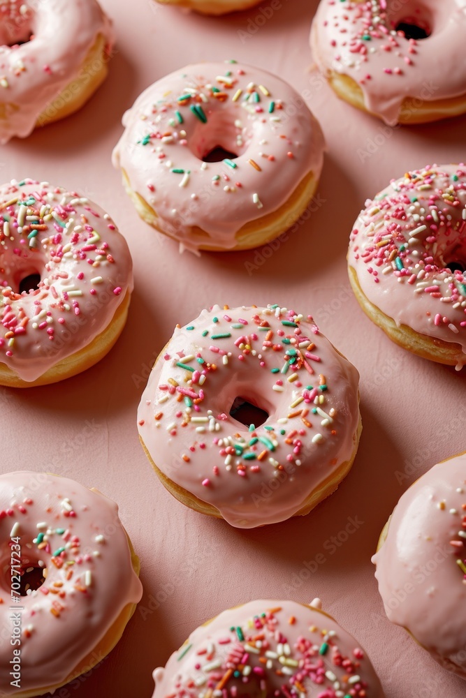 Yummy donuts with sweet pink icing and a vibrant mix of colorful sprinkles on a pink surface Yummy donuts with sweet pink icing and a vibrant mix of colorful sprinkles on a pink surface