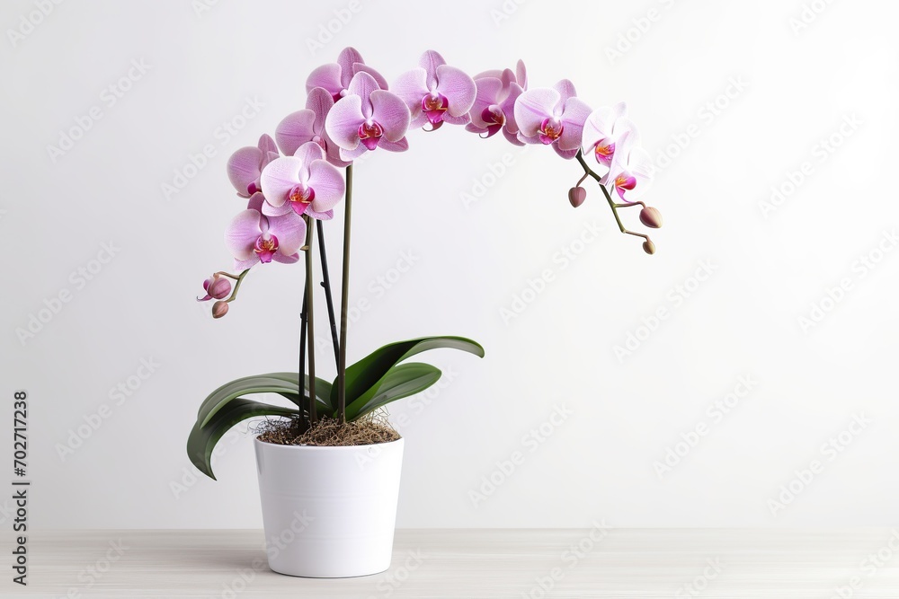 Beautiful orchid flower in pot on white background