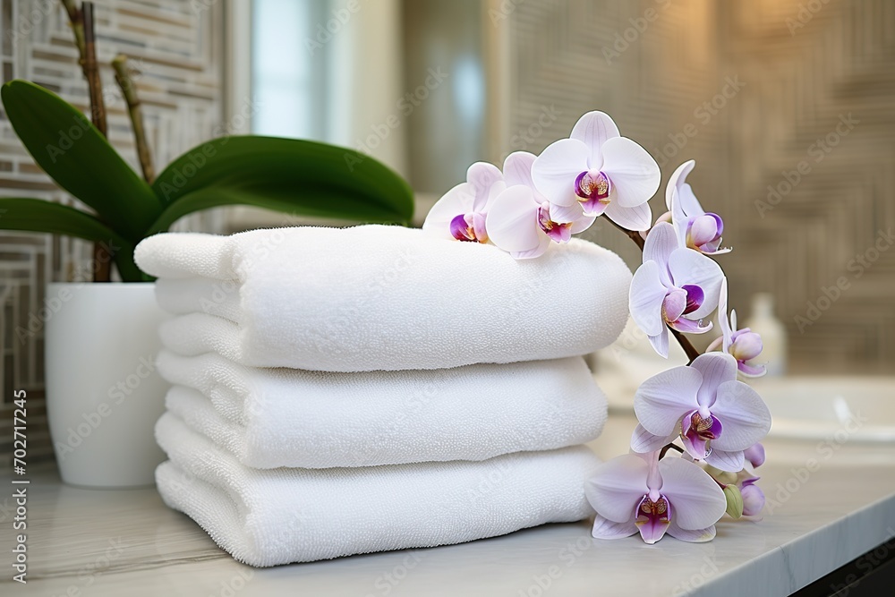 Stack of white folded towels with flowers Stack of white folded towels with flowers