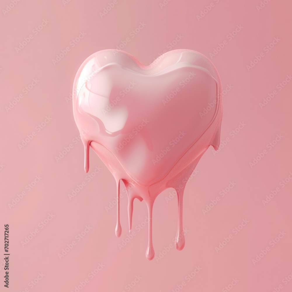 Minimalistic glossy heart with a soft pink liquid gracefully dripping down on a clean background Minimalistic glossy heart with a soft pink liquid gracefully dripping down on a clean background